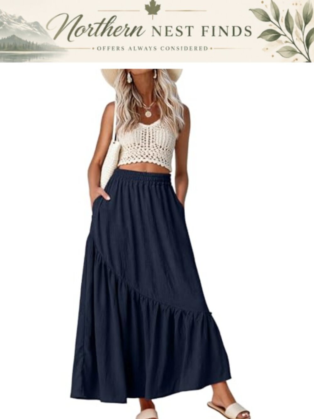 Women Maxi Skirt Elastic Waist Flowy A-Line Pleated Ruffle Hem Pockets